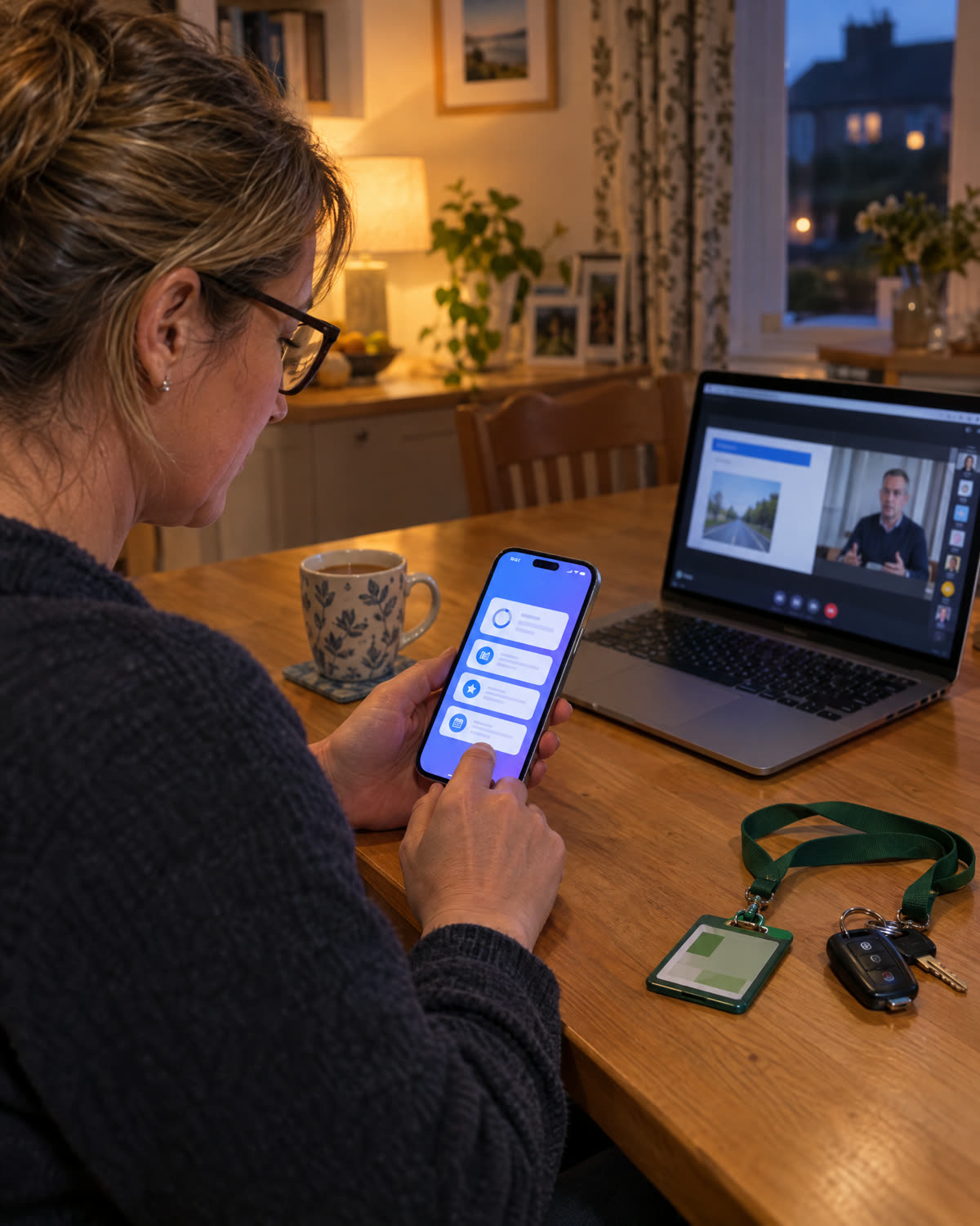 A driving instructor logging CPD on her phone at the kitchen table while an online training session plays on a laptop