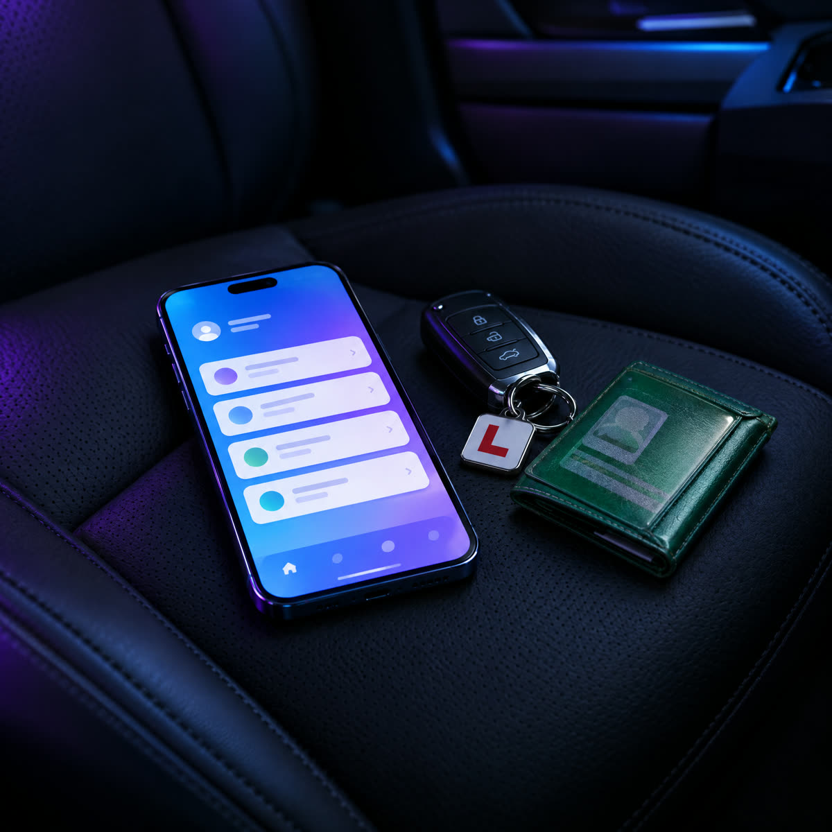 A phone showing the Instructor Questions app resting on a car seat beside keys and an instructor badge