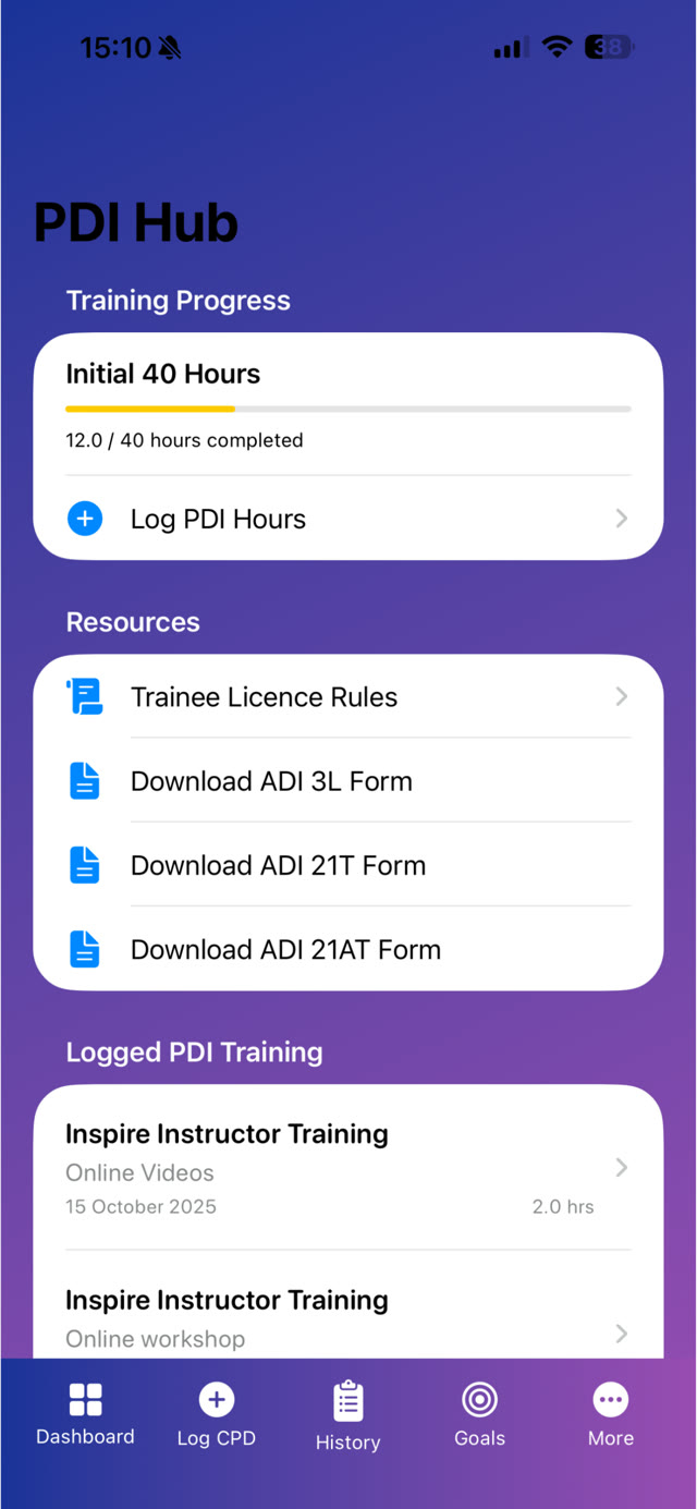 PDI Hub with training progress and DVSA form downloads
