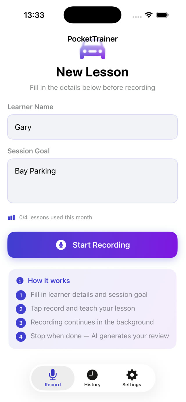 New lesson screen with learner name and session goal